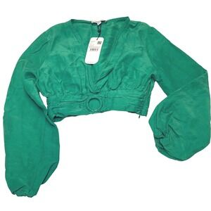 NWT Ipekyol Green V-Neck Crop Blouse‎ Puff Sleeve O-Ring Detail Size 4 Boho Chic